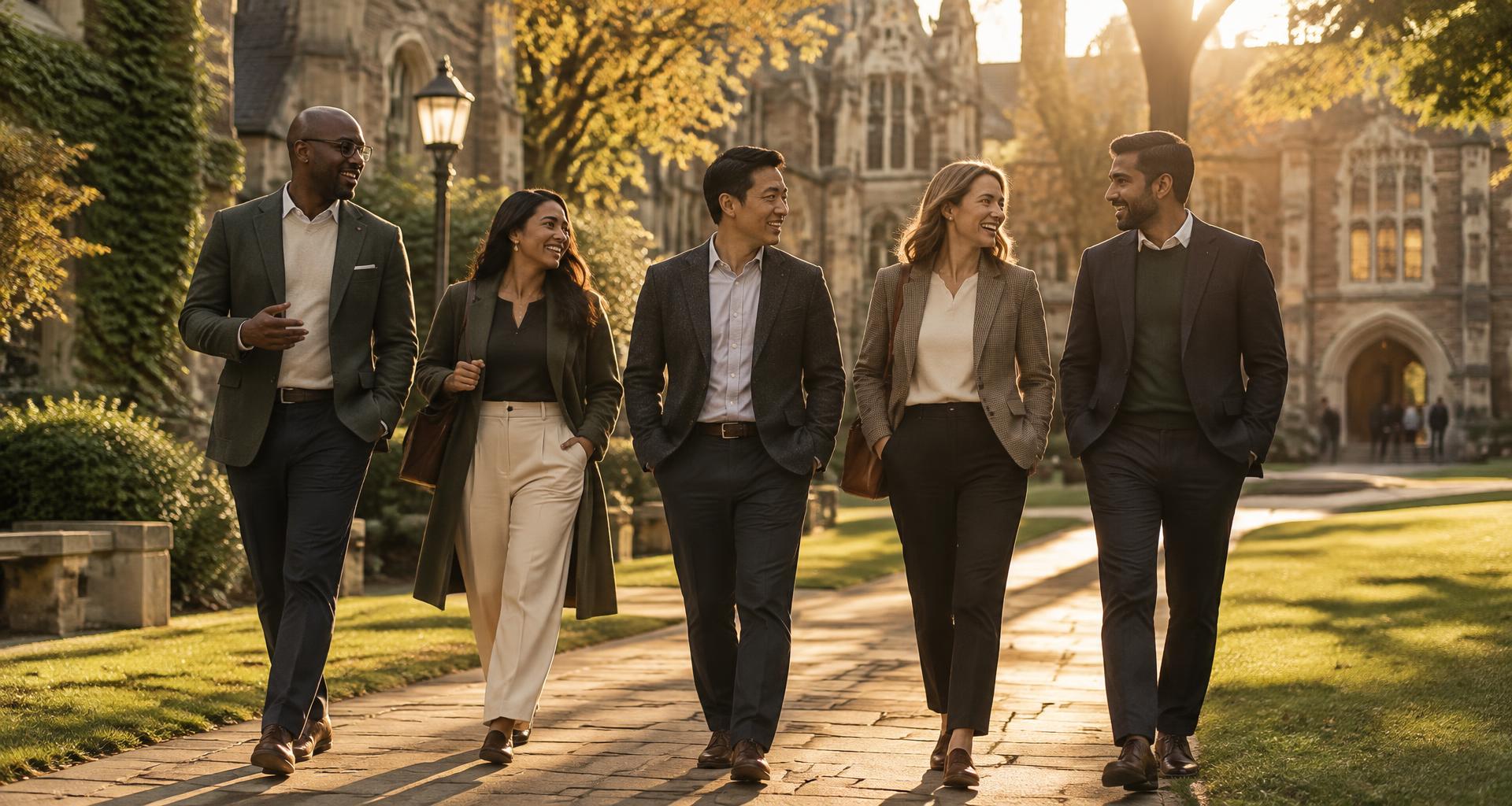 Illustrative alumni of different ethnicities walking together across a historic university quad at golden hour