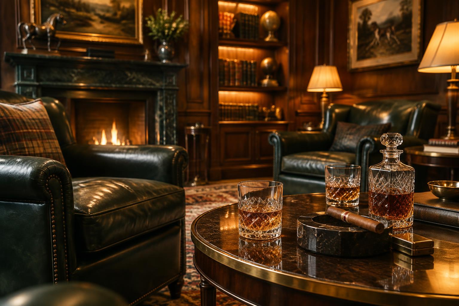 Illustrative bourbon and cigar lounge with leather chairs and crystal glassware